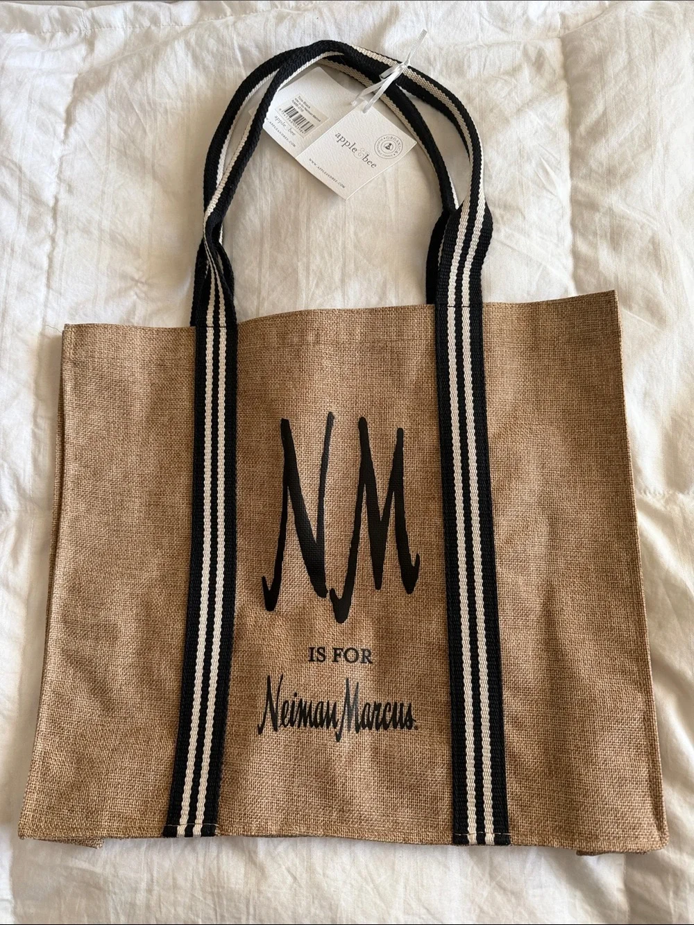NWT Apple & Bee for Neiman Marcus Jute Tote Bag Large Burlap Beach